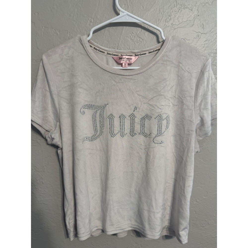 Juicy Couture Velour Rhinestone Logo T-Shirt Cream XL Short Sleeve Y2K Top